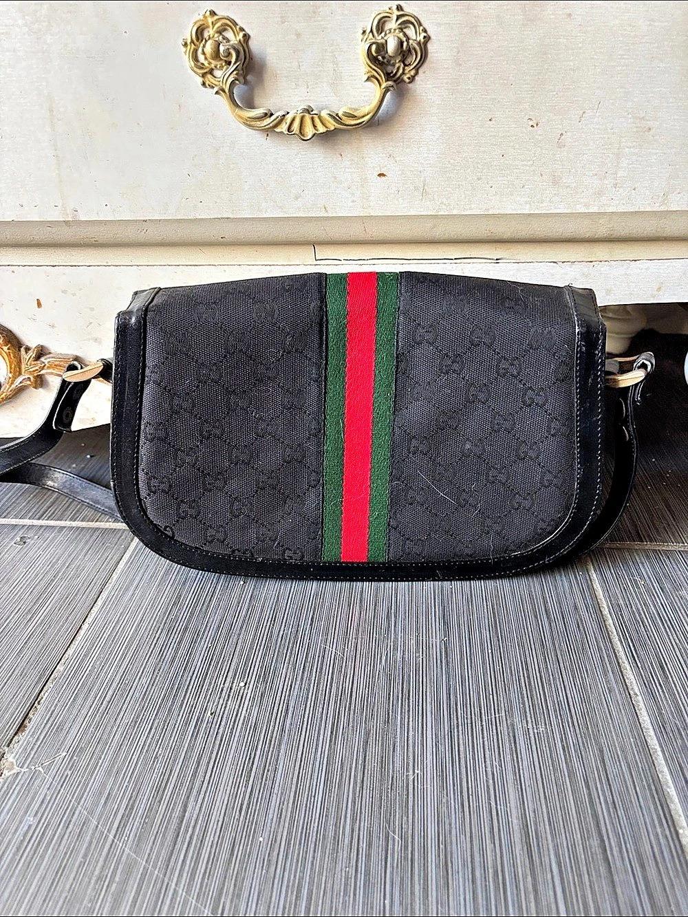 Gucci Vintage Web GG Monogram Canvas Saddle Shoulder Bag Black & Green